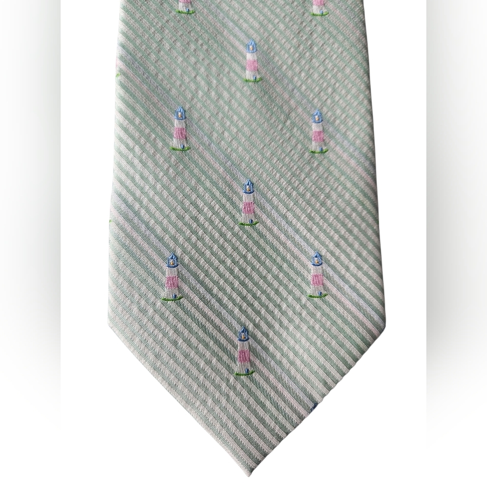 NWOT ROOSTER Seersucker Lighthouse Pastel Striped 100% Silk Tie